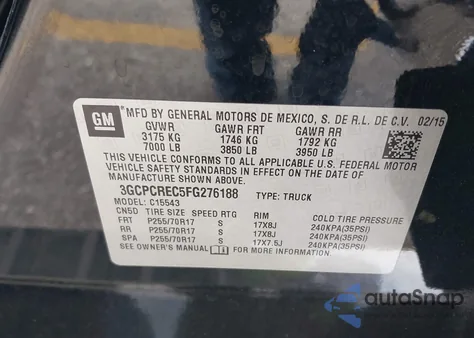 2015 Chevrolet Silverado 1500 1Lt z USA, uszkodzony, nr VIN 3GCPCREC5FG276188